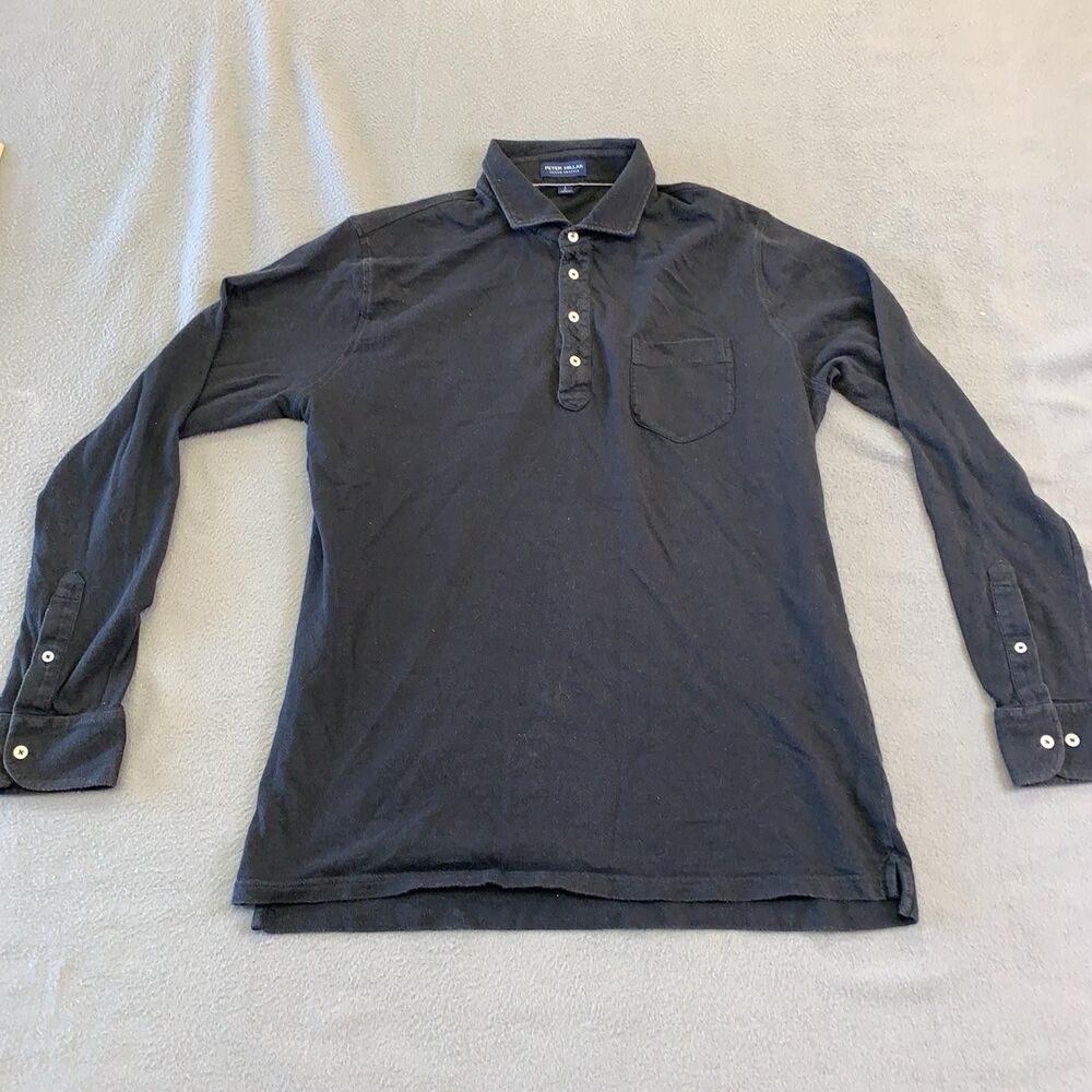 Peter Millar Polo Shirt Mens Large Black Cotton Cashmere Long Sleeve Pocket